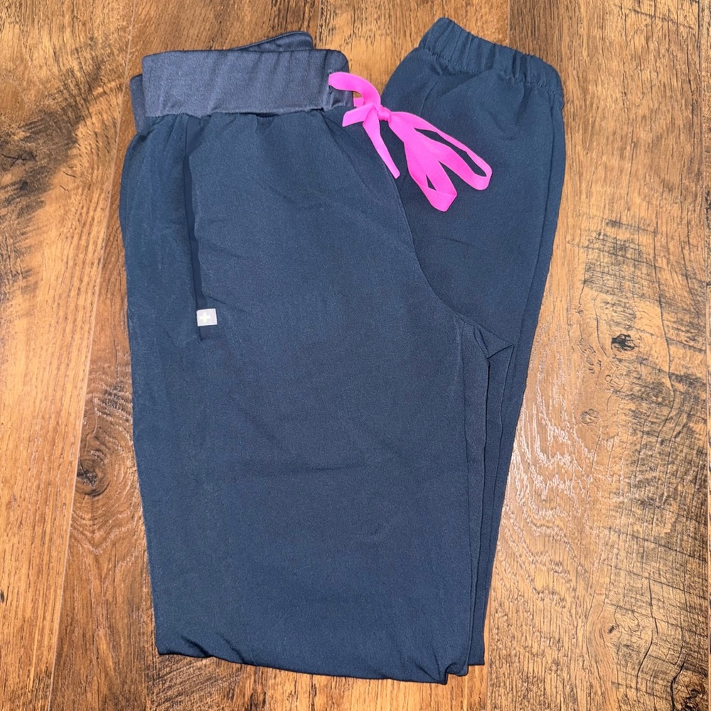 Figs Navy Blue Scrub Pants with Pink Tie